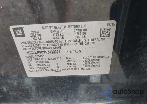 2015 Chevrolet Silverado 1500 2Lt z USA, uszkodzony, nr VIN 1GCVKREC3FZ439821